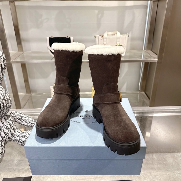 Prada Women's Dark Brown Winter Boots with White Trim - Picture 2 of 6